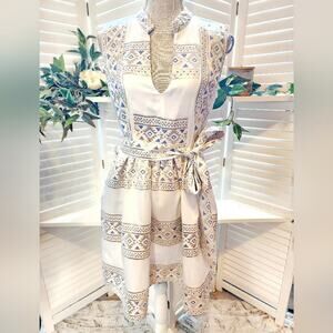 KASIA NEW AZTEC GOLD / BLUE V NECK DRESS SIZE SMALL RETAIL $238